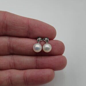 Sterling Silver Genuine Pearl And Small CZ Earrings A3298